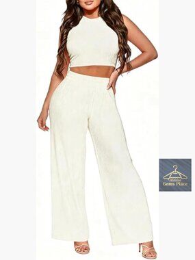 2 Piece Lounge Set - Comfy Ribbed Knit Crop Top & Pants Sweatsuit